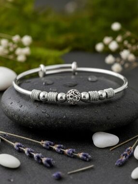999 Fine Silver Beaded Bangle Bracelet Minimalist Quiet Luxury Old Money 2.3in